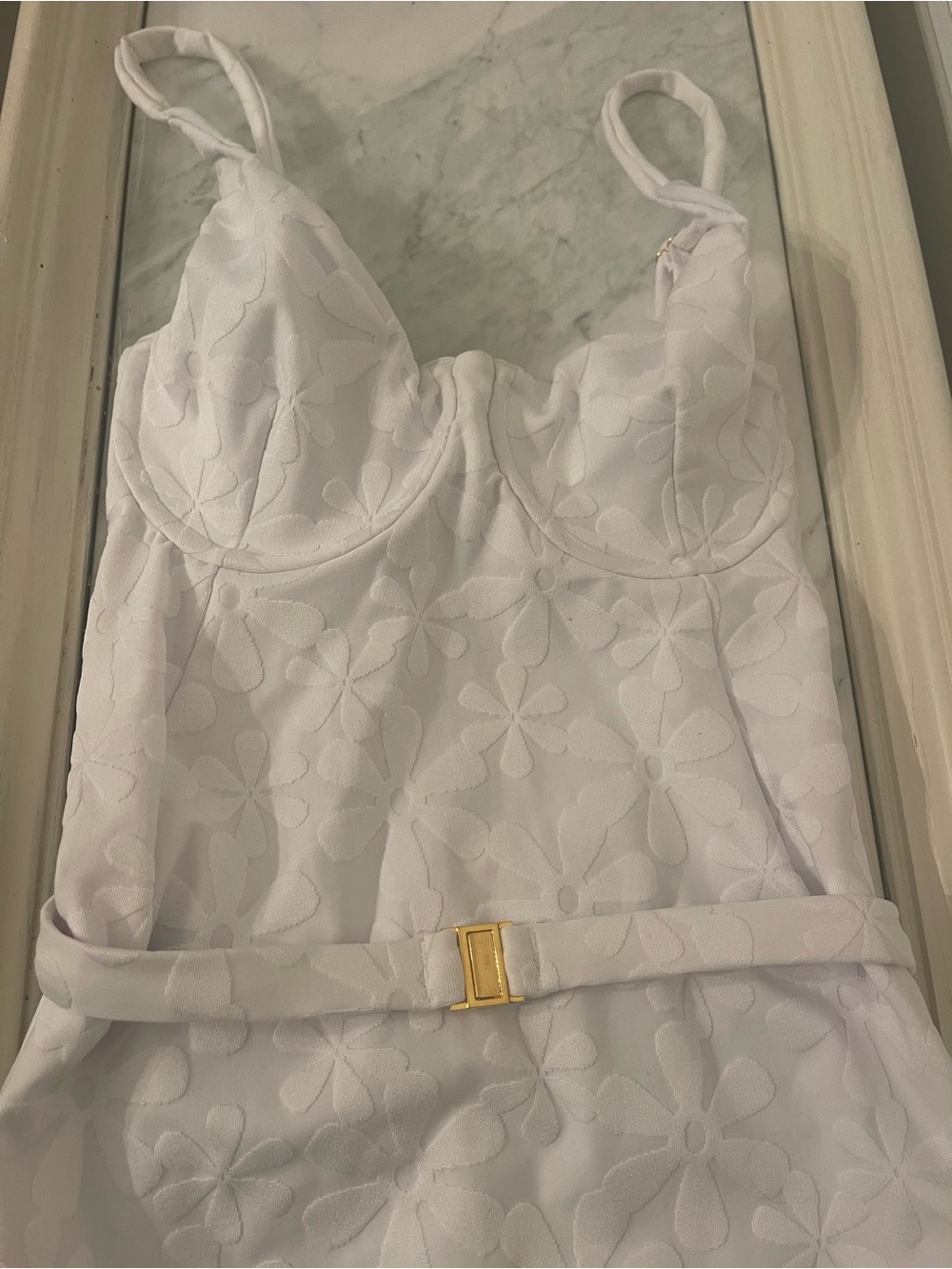 Kenny Flowers White Floral Textured Bustier Slip with Gold Buckle